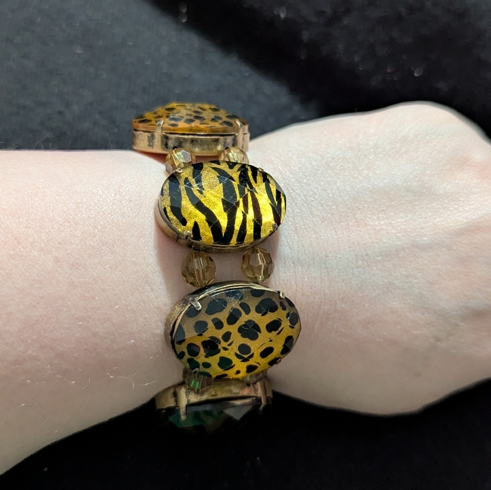 Brass Tone Leopard Print Tiger Stripe Chunky Stretchy Elastic Statement Bracelet